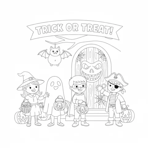 Coloriage Bonbons ou Farces : quatre enfants en costumes d'Halloween devant une porte effrayante