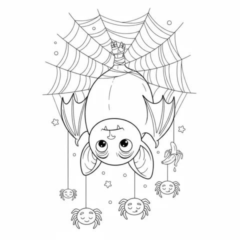 Coloriage Chauve-souris : une chauve-souris mignonne pend à l'envers d'une toile d'araignée avec de petites araignées