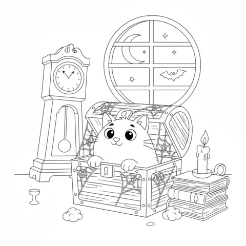 Coloriage Chat : un chat moelleux sort d'un coffre au trésor dans une pièce effrayante