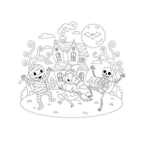 Coloriage Maison Hantée : une momie, une sorcière et un squelette dansent devant une maison hantée