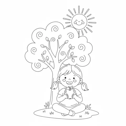 Healthy food coloring page: a girl sitting under a tree, eating an apple, with a smiling sun