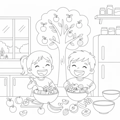 Healthy food coloring page: a boy and a girl mixing fruit salads in a kitchen