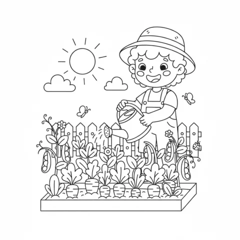 Healthy food coloring page: a boy watering carrots and peas in a garden bed, with butterflies