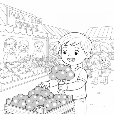 Healthy food coloring page: a boy choosing broccoli at a farm fresh produce market stall