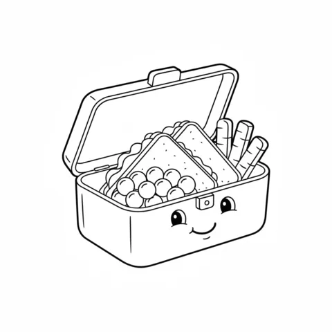 Healthy food coloring page: a smiling lunchbox filled with a sandwich, peas, and carrot sticks