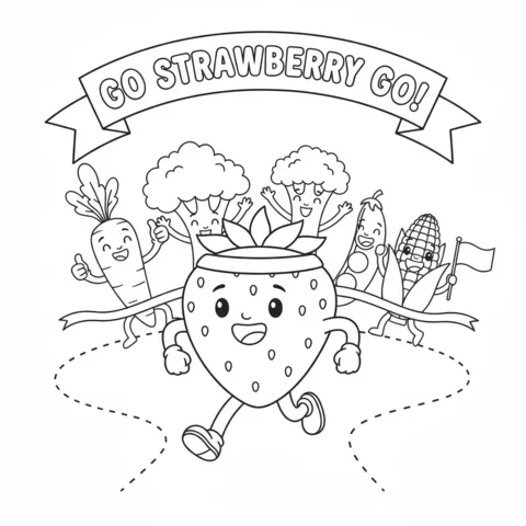 Healthy food coloring page: a strawberry running a race, with other vegetables cheering it on