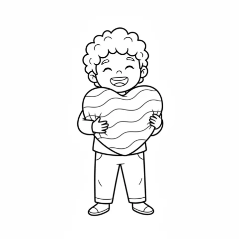Disegno di Cuori da colorare: un ragazzo felice con i capelli ricci che tiene un grande cuore a strisce