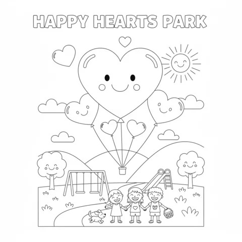 Disegno di Cuori da colorare: bambini che giocano in un parco con una grande mongolfiera a forma di cuore