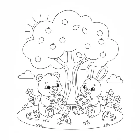 Disegno di Cuori da colorare: un orso e un coniglio che tengono biscotti a forma di cuore sotto un melo