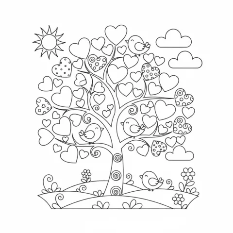 Disegno di Cuori da colorare: un albero con foglie a forma di cuore e uccelli appollaiati sui suoi rami
