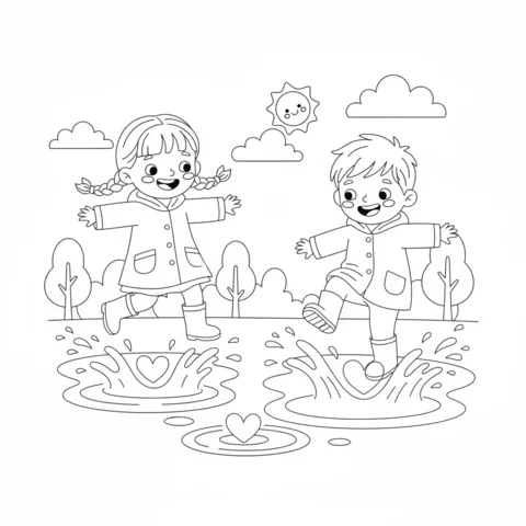 Disegno di Cuori da colorare: due bambini con impermeabili e stivali che sguazzano in pozzanghere a forma di cuore
