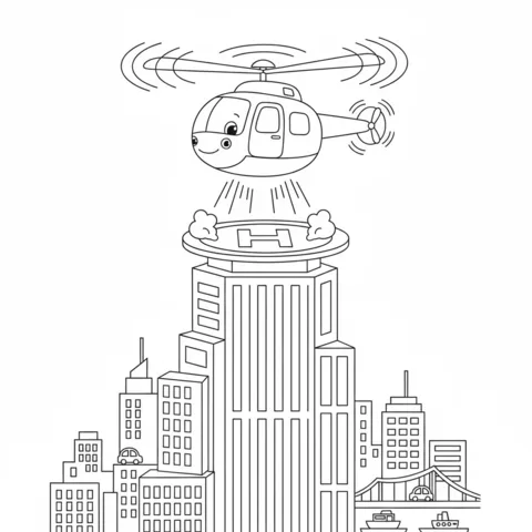 Helicopter coloring page: a cute helicopter landing on a city skyscraper's helipad