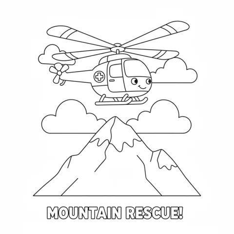 Helicopter coloring page: a rescue helicopter flying over a mountain with clouds