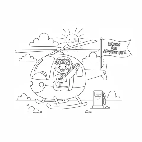 Helicopter coloring page: a child pilot waving from a helicopter next to a gas pump