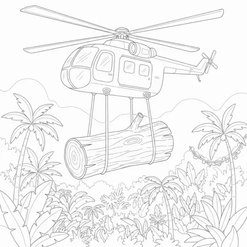 Helicopter coloring page: a large helicopter carrying a log over a jungle landscape
