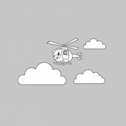 Helicopter coloring page: a small helicopter flying in the sky among three clouds