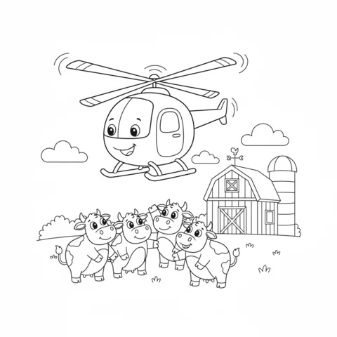Helicopter coloring page: a cute helicopter hovering above four cows on a farm