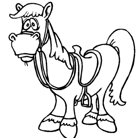 Horse coloring page: a cartoon horse with a saddle and bridle, looking surprised