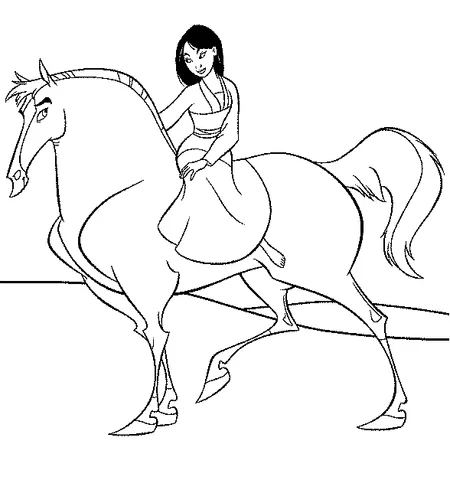 Horse coloring page: Mulan riding a majestic horse, both looking forward