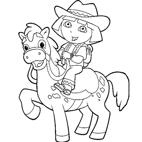 Horse coloring page: Dora the Explorer in a cowboy hat, riding a spotted pony