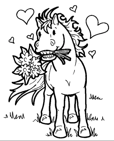 Horse coloring page: a happy horse holding a bouquet of flowers in its mouth, with hearts around it