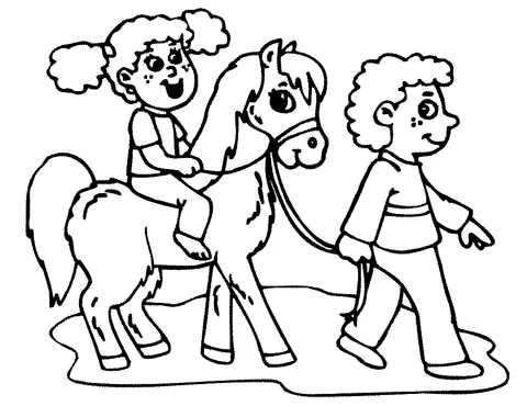 Horse coloring page: a boy leading a pony with a girl riding on its back