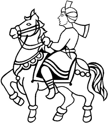 Horse coloring page: a man in traditional attire riding a decorated horse