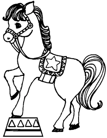 Horse coloring page: a circus horse with a saddle blanket and bridle, standing on a pedestal