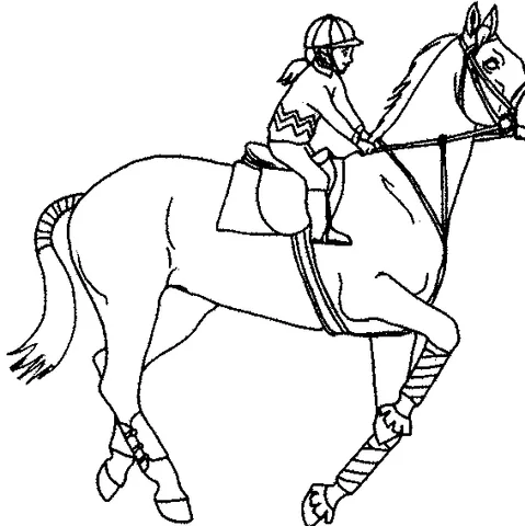 Horse coloring page: a young rider in a helmet and jacket on a trotting horse