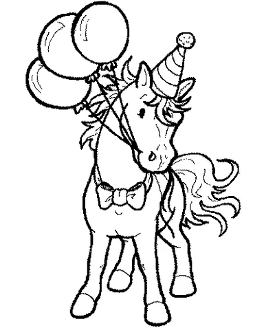 Horse coloring page: a festive horse wearing a party hat and bowtie, holding balloons