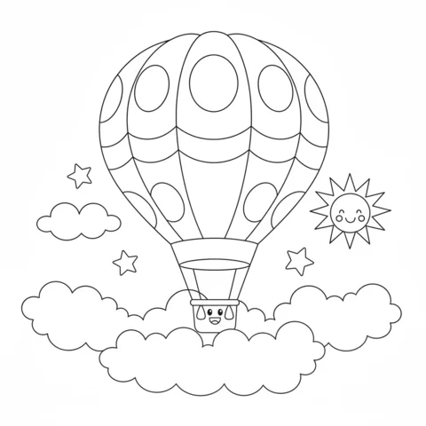 Hot air balloon coloring page: a hot air balloon with a happy face in the basket, floating among clouds, stars, and a smiling sun