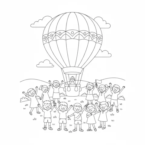 Hot air balloon coloring page: a hot air balloon above a group of happy children waving their arms in a field