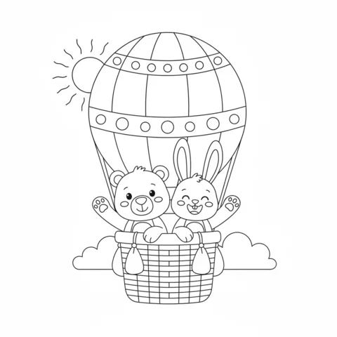 Hot air balloon coloring page: a bear and a bunny waving from a hot air balloon basket, with a sun in the background