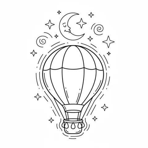 Hot air balloon coloring page: a hot air balloon floating under a crescent moon and stars in the night sky