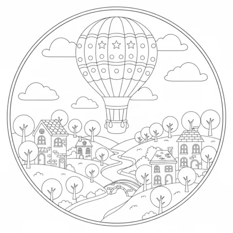 Hot air balloon coloring page: a hot air balloon flying over a village with houses, trees, and a winding river with a bridge