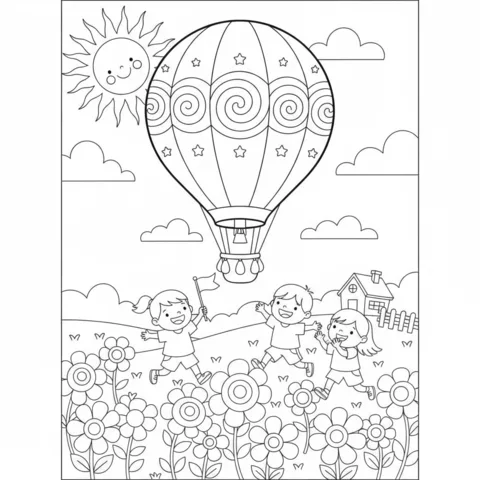 Hot air balloon coloring page: a hot air balloon in the sky with a smiling sun, above three children running through a field of flowers