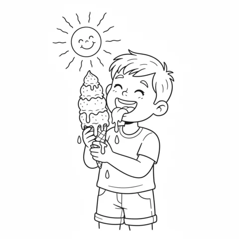 Dibujo de Helado para colorear: un niño lamiendo felizmente un cono de helado de tres bolas derritiéndose bajo un sol sonriente