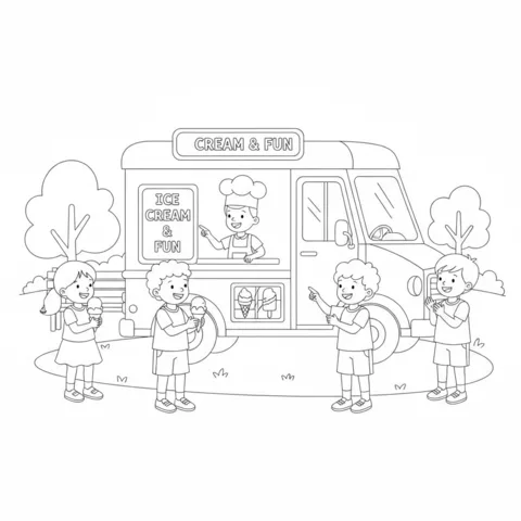Dibujo de Helado para colorear: niños comprando helado a un vendedor alegre en un camión "Cream & Fun