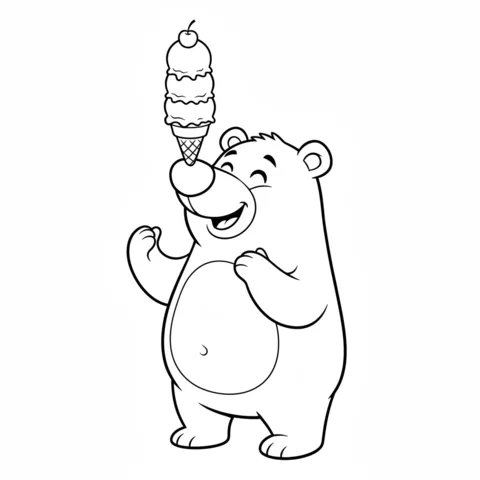 Dibujo de Helado para colorear: un oso feliz equilibrando un cono de helado de tres bolas con una cereza en su nariz