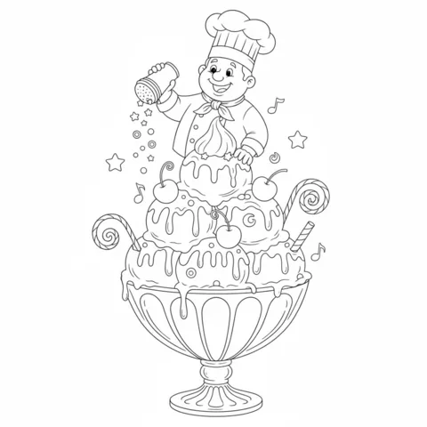 Dibujo de Helado para colorear: un chef espolvoreando estrellas sobre un gigantesco sundae de helado con cerezas y bastones de caramelo