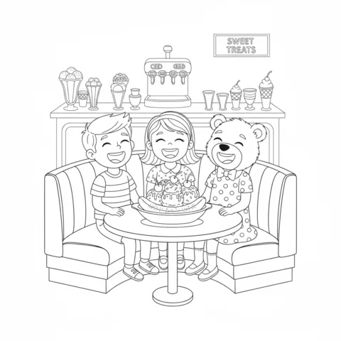 Dibujo de Helado para colorear: dos niños y un oso de peluche compartiendo un banana split en un puesto de restaurante