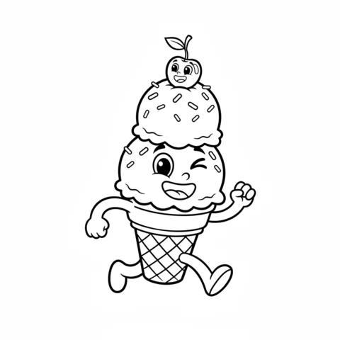 Dibujo de Helado para colorear: un personaje de cono de helado de dos bolas con chispas y una cereza guiñando el ojo corriendo felizmente