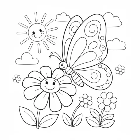 Butterfly coloring page: a happy butterfly flying above smiling flowers, with a smiling sun and clouds