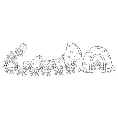 Ants coloring page: a line of ants carrying pieces of cheese towards an anthill with more ants inside