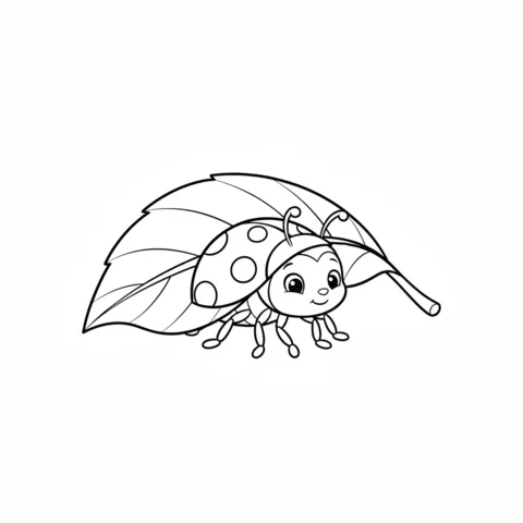 Ladybug coloring page: a cute ladybug with big eyes peeking out from under a large leaf