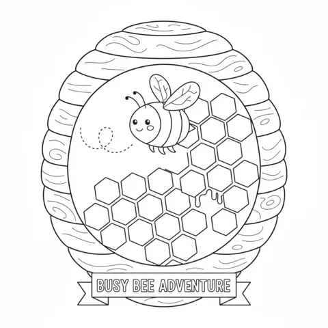 Bee coloring page: a happy bee flying next to a honeycomb with dripping honey, inside a beehive