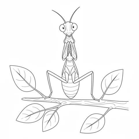 Praying mantis coloring page: a praying mantis sitting on a tree branch with leaves, looking forward