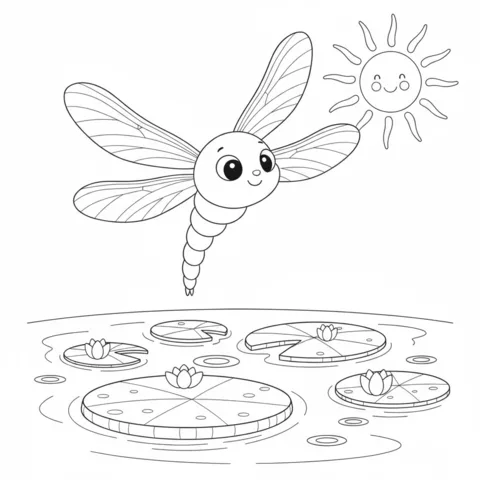 Dragonfly coloring page: a happy dragonfly flying over a pond with lily pads and flowers, under a smiling sun