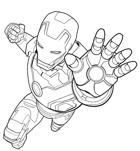 Disegno di Iron Man da colorare: Iron Man che vola in avanti con il braccio destro esteso