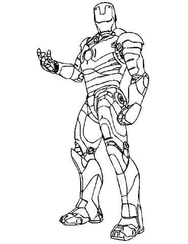 Disegno di Iron Man da colorare: Iron Man in piedi, con la mano sinistra aperta